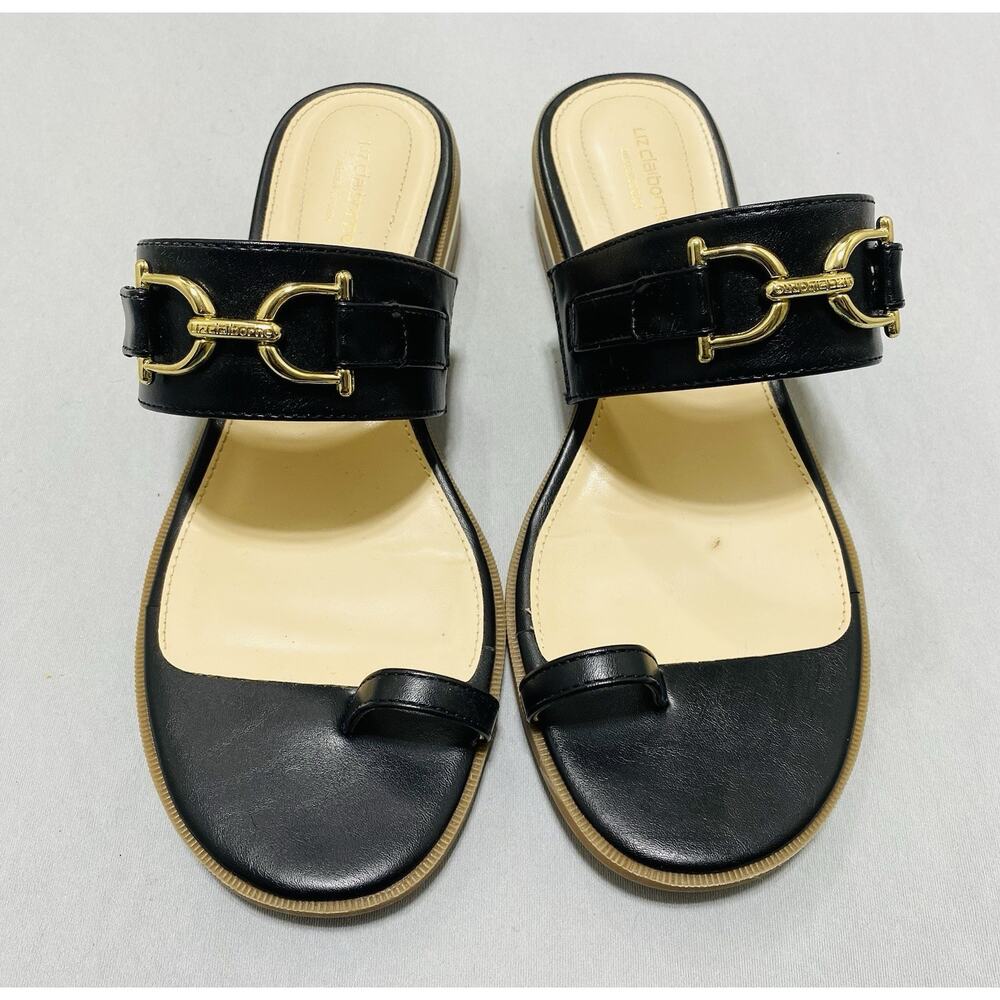 Liz Claiborne Black Argent Black Heeled Sandals Sz 9 Dress Shoe Kitten Gold
